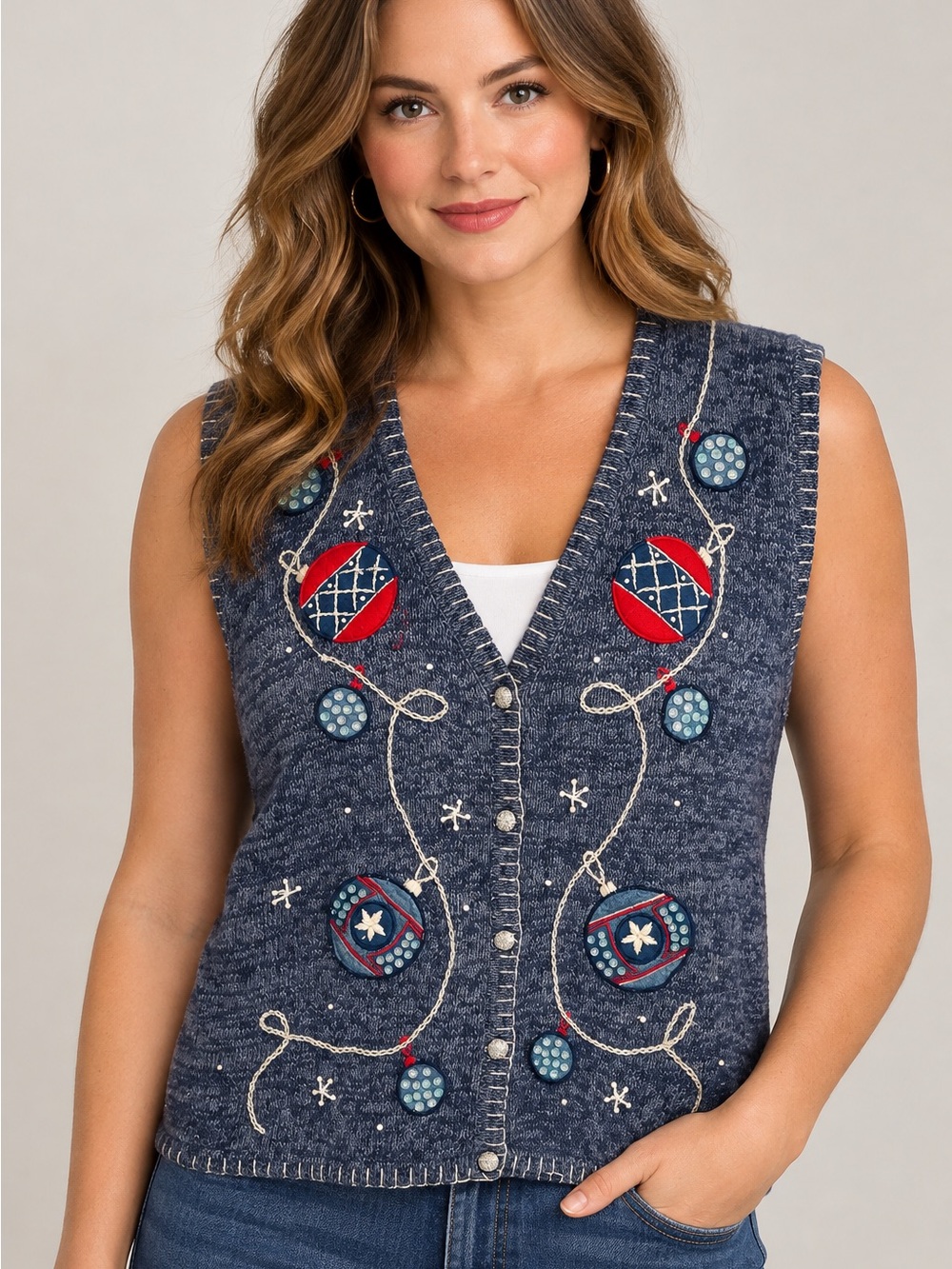 Vintage 90s Bobbie Brooks women’s XL Christmas Ornament Sweater Vest.